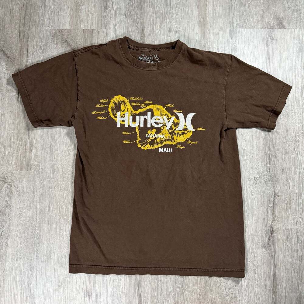 Y2K Hurley Maui Surf Map Print Brown Crew Neck Short Sleeve T-Shirt Medium